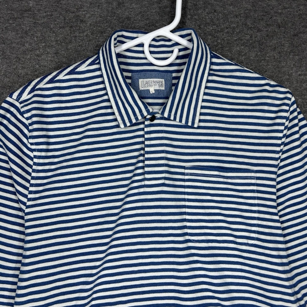 Quaker Marine Supply Co Polo Mens L White Blue Striped Long Sleeve Indigo
